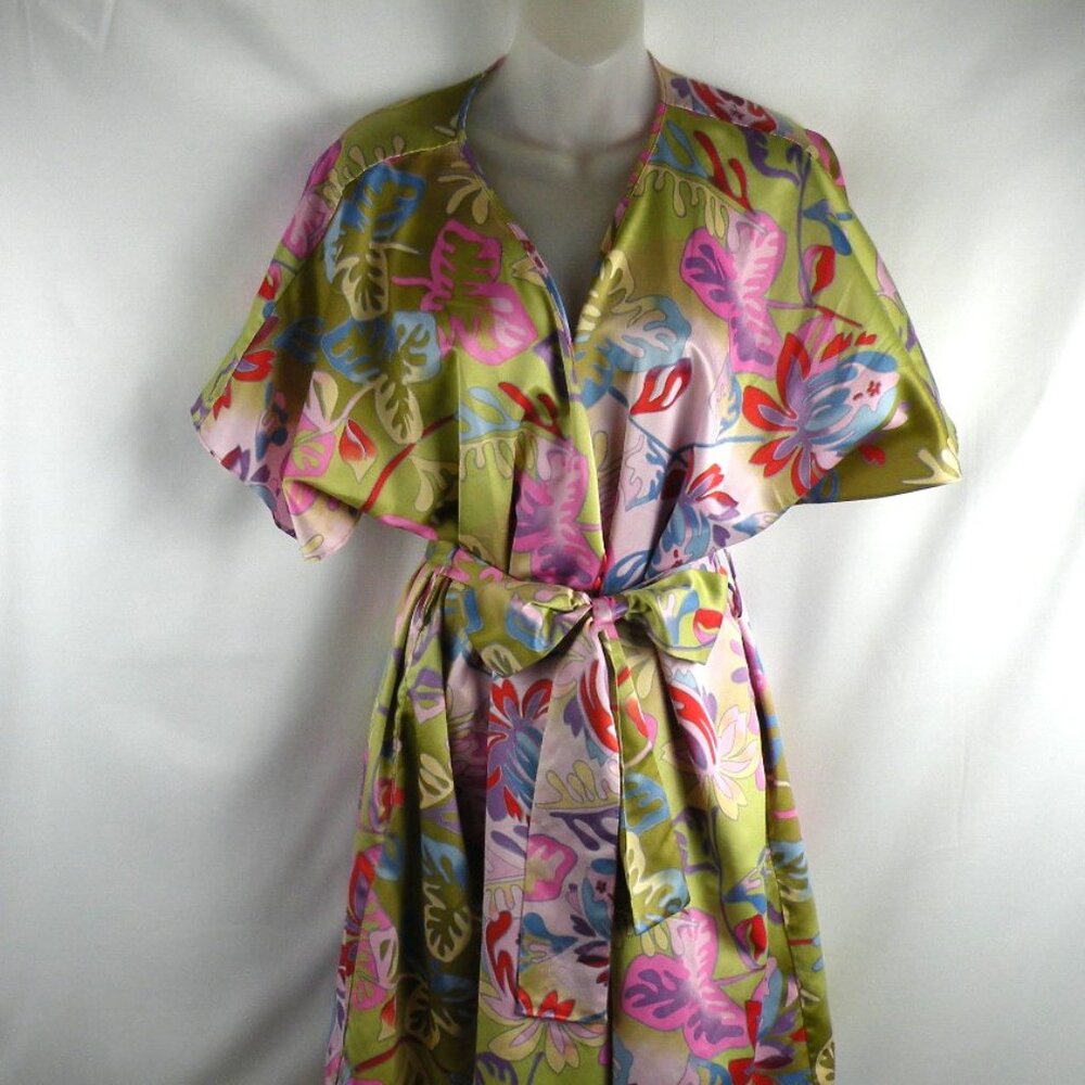 Floral Satin Kimono Robe in Olive Green and Pink